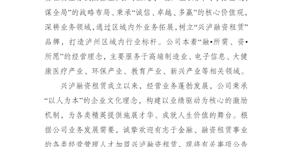 瀘州市興瀘融資租賃有限公司2025年第一次公開招聘公告